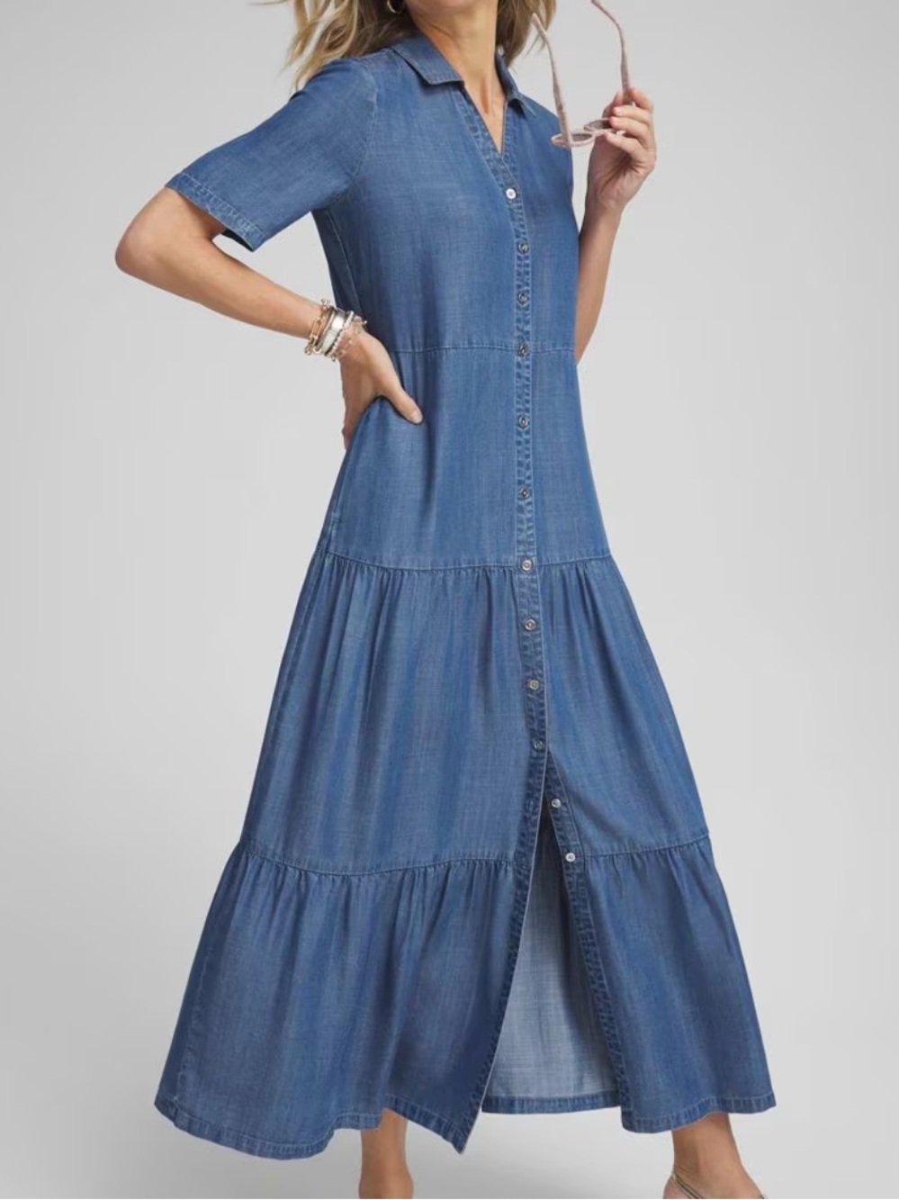 Chicos Blue Denim Button-Front Maxi Dress